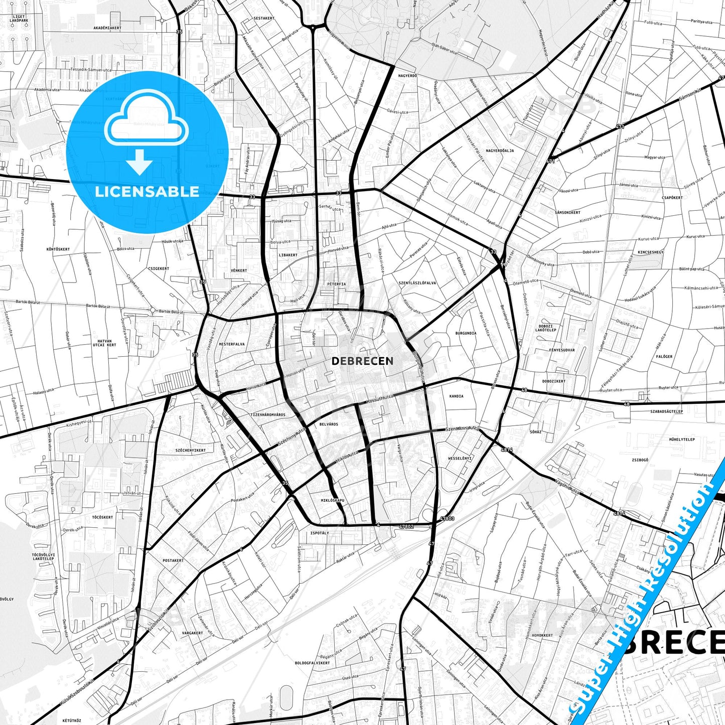 Debrecen, Hungary Light Map with Street Names, City Names, and Districts