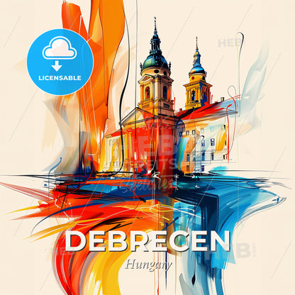 Vibrant Debrecen, Hungary - A Painting Of A Building With A Colorful Paint Brush - Square format print template