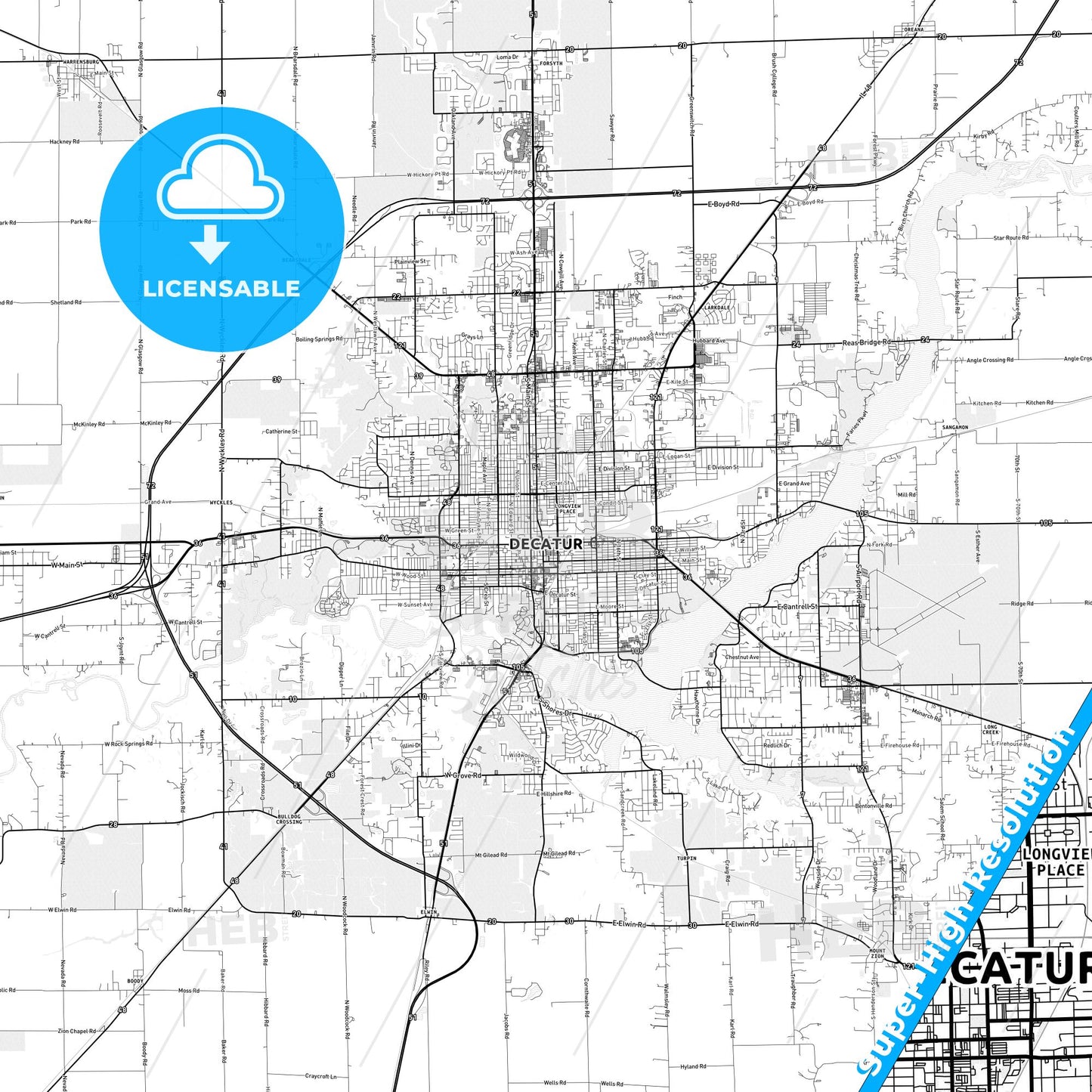Decatur, Illinois light map with streetnames, citynames and districts