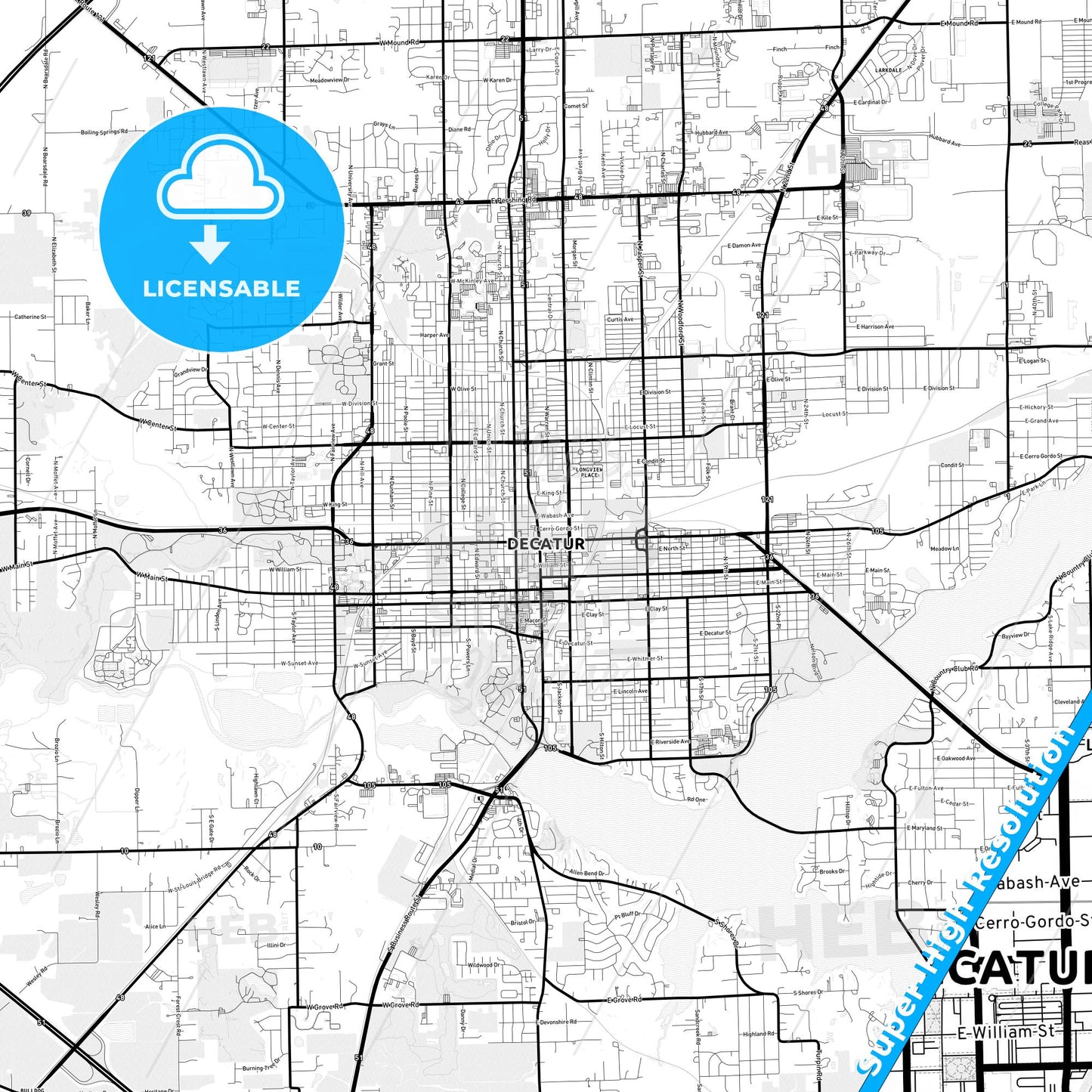 Decatur, Illinois Light Map with Street Names, City Names, and Districts
