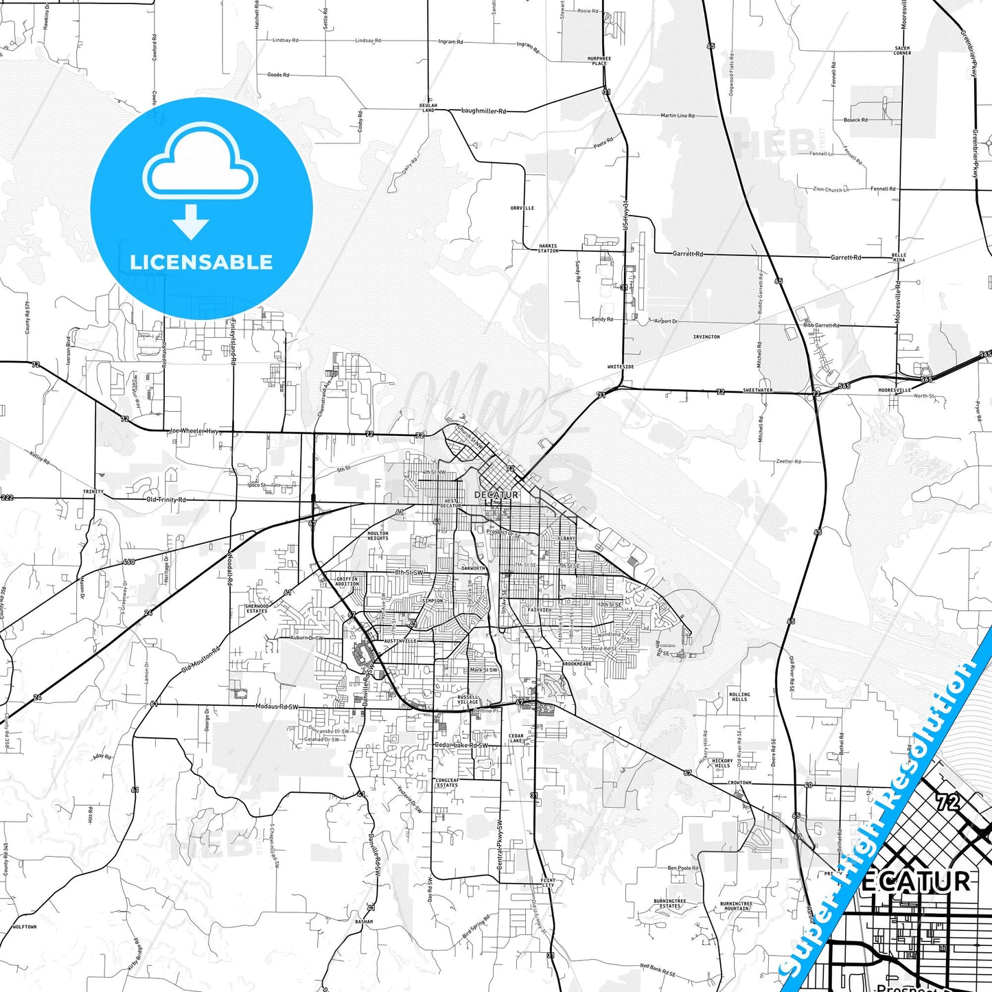 Decatur, Alabama light map with streetnames, citynames and districts