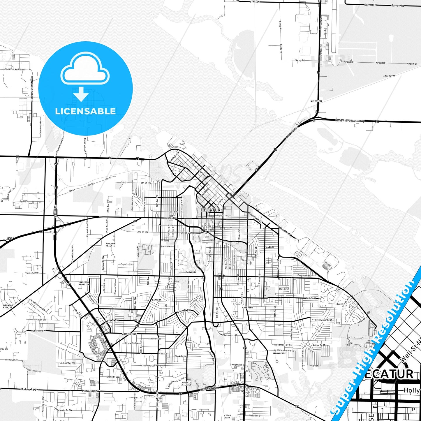Decatur, Alabama Light Map with Street Names, City Names, and Districts