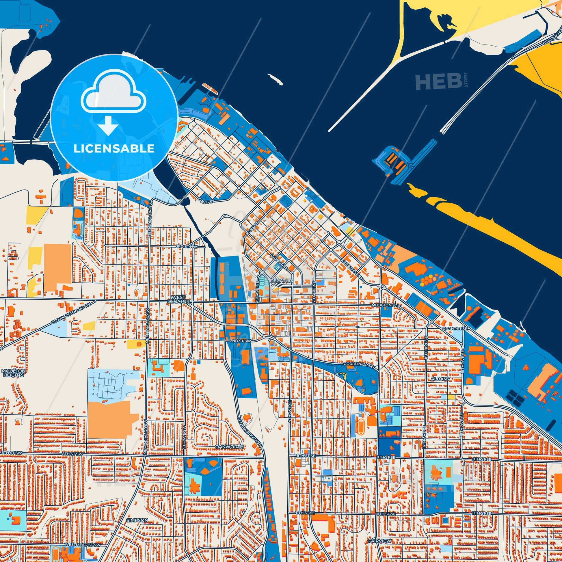 Colorful Decatur Street Map with Labels and Buildings