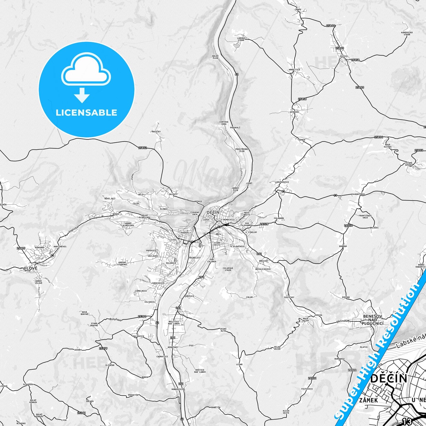 Děčín, Czechia light map with streetnames, citynames and districts