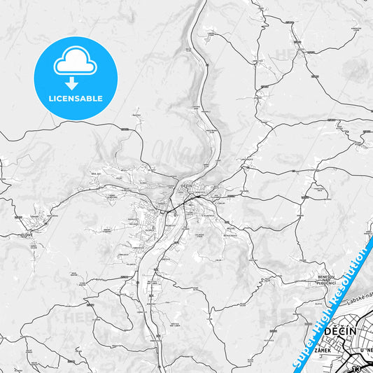 Děčín, Czechia light map with streetnames, citynames and districts