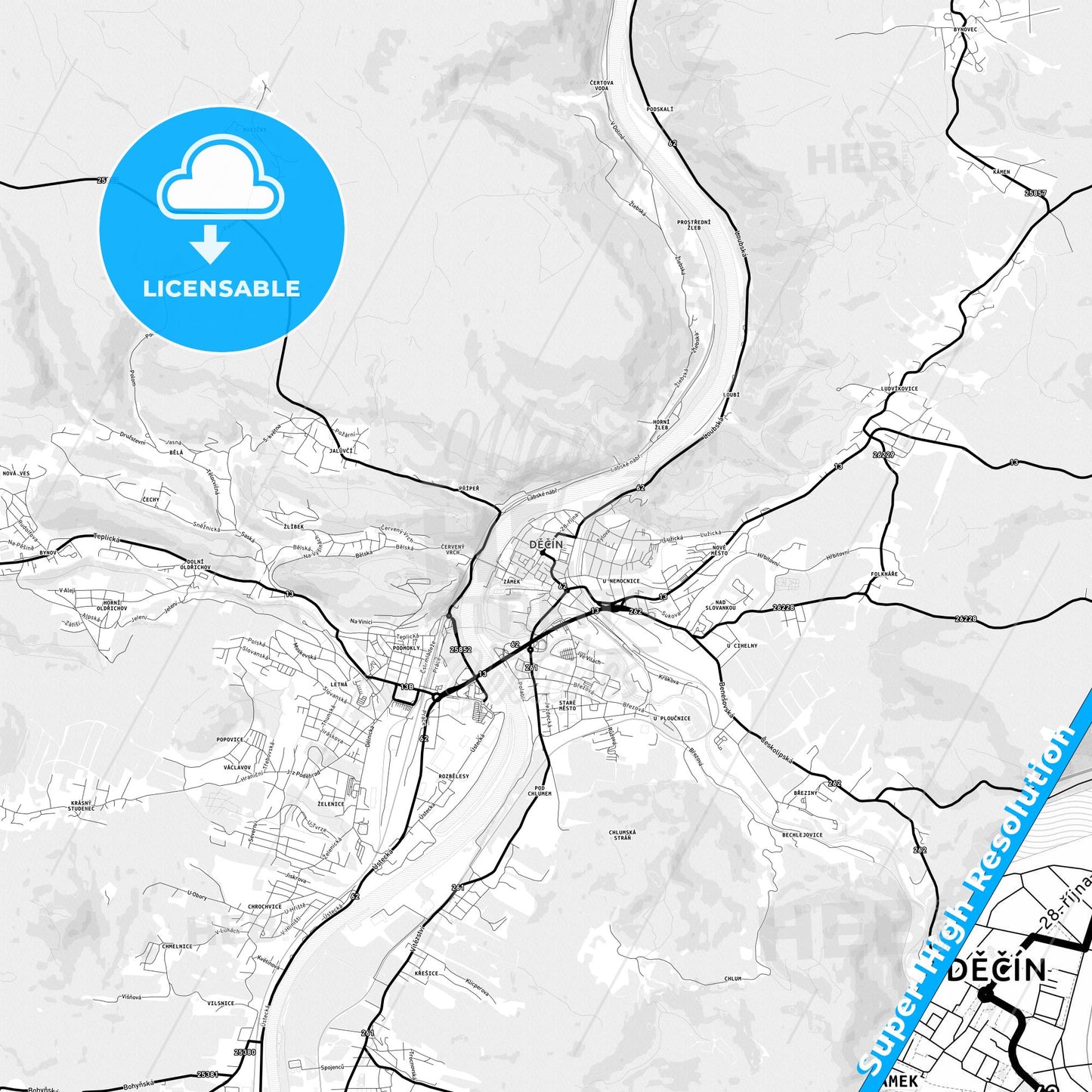 Děčín, Czechia Light Map with Street Names, City Names, and Districts