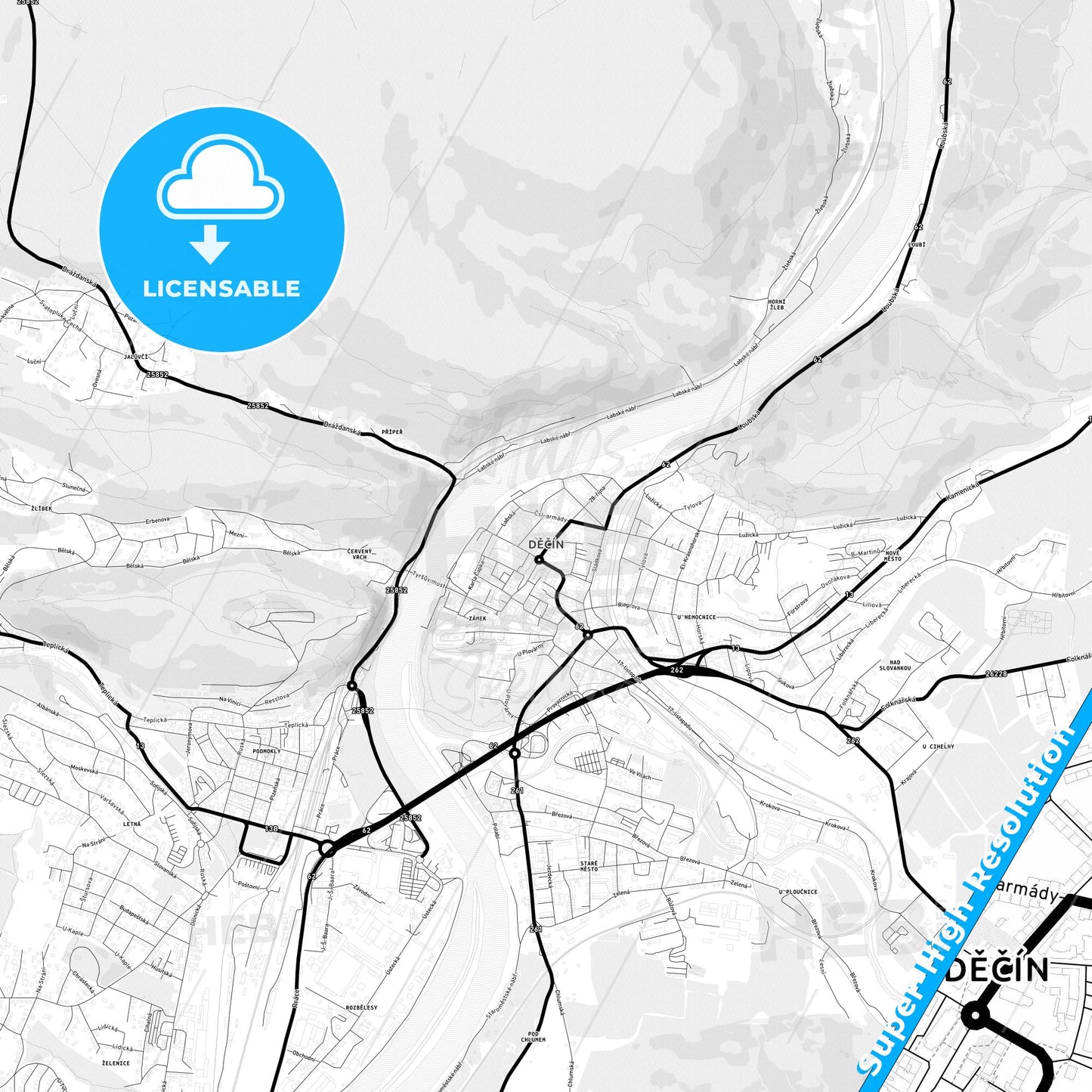 Děčín, Czechia Light Map with Street Names, City Names, and Districts