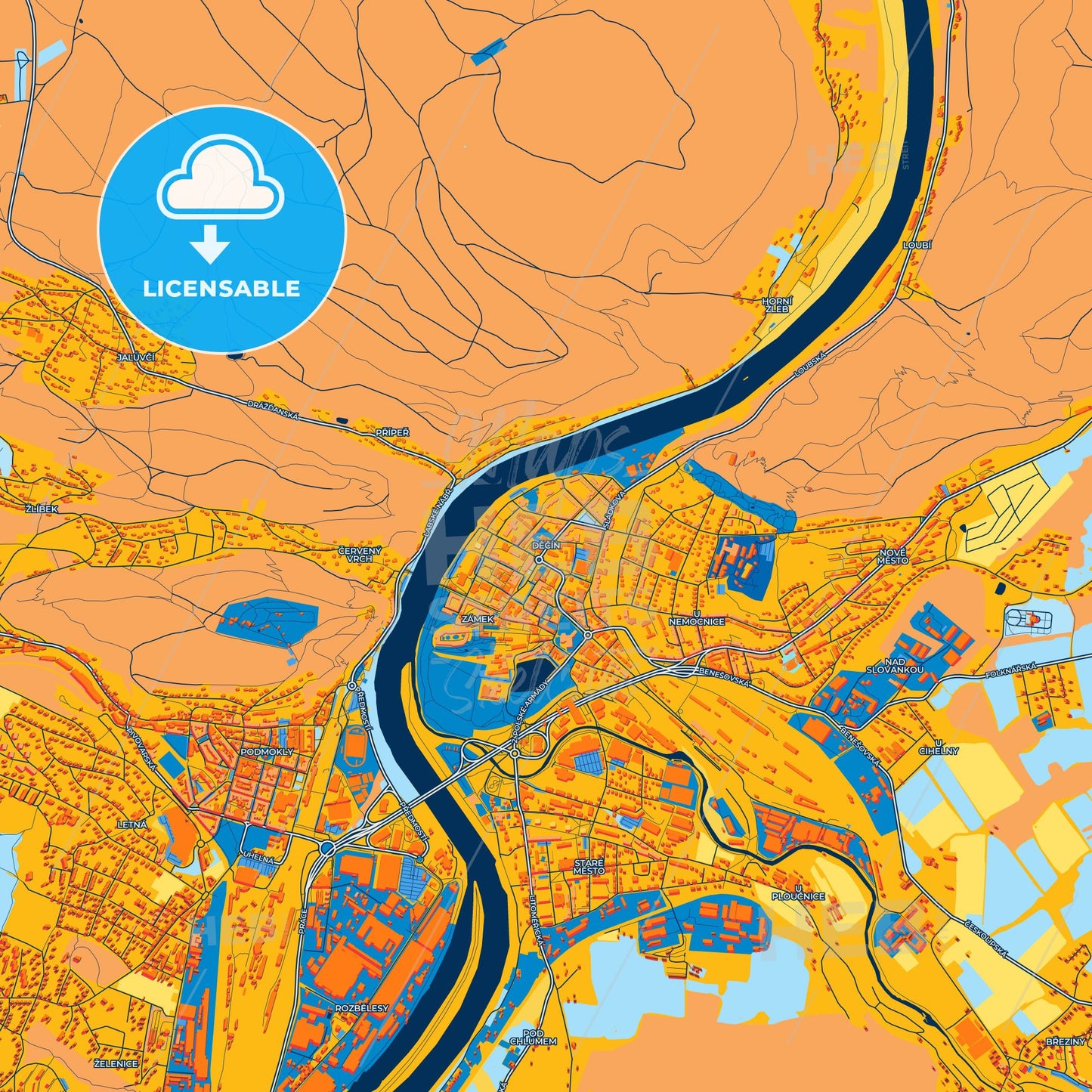 Colorful Děčín Street Map with Labels and Buildings