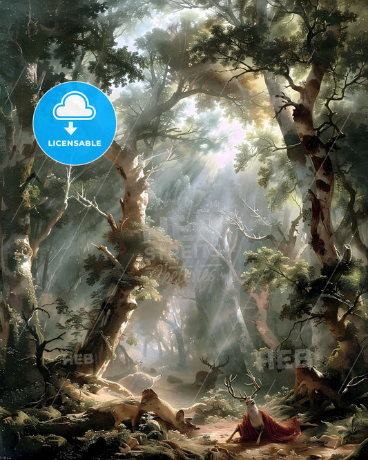 Baroque Forest Painting: Intricate Deer and Trees Composition in Vibrant Art