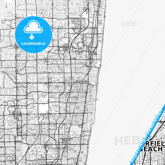 Deerfield Beach, Florida light map with streetnames, citynames and districts