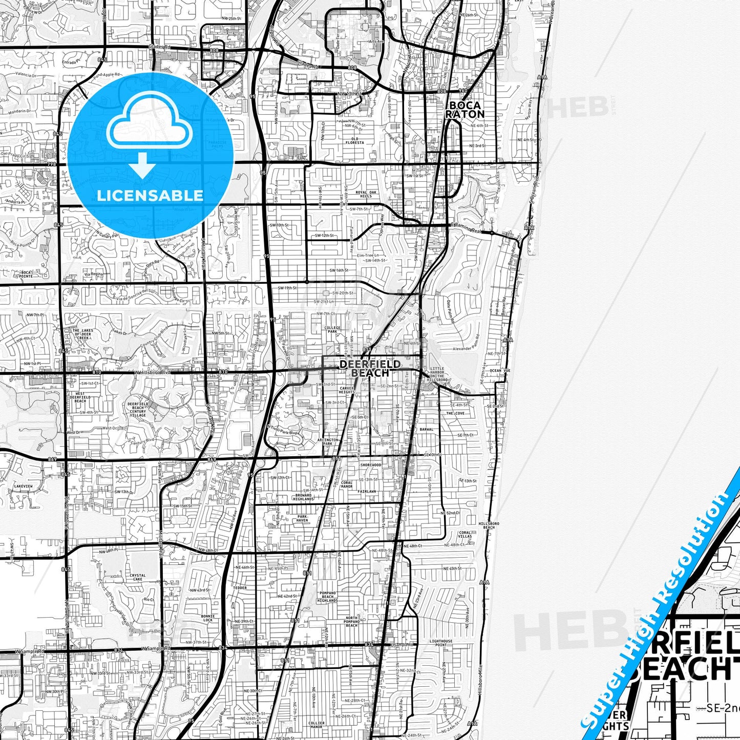 Deerfield Beach, Florida Light Map with Street Names, City Names, and Districts