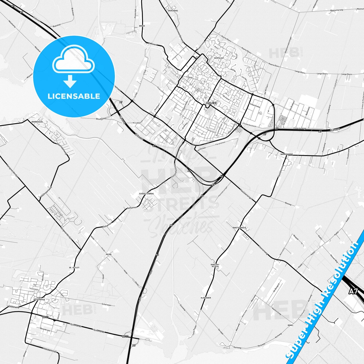 De Fryske Marren, Netherlands Light Map with Street Names, City Names, and Districts