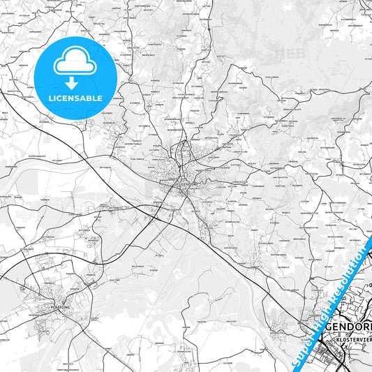 Deggendorf, Germany light map with streetnames, citynames and districts