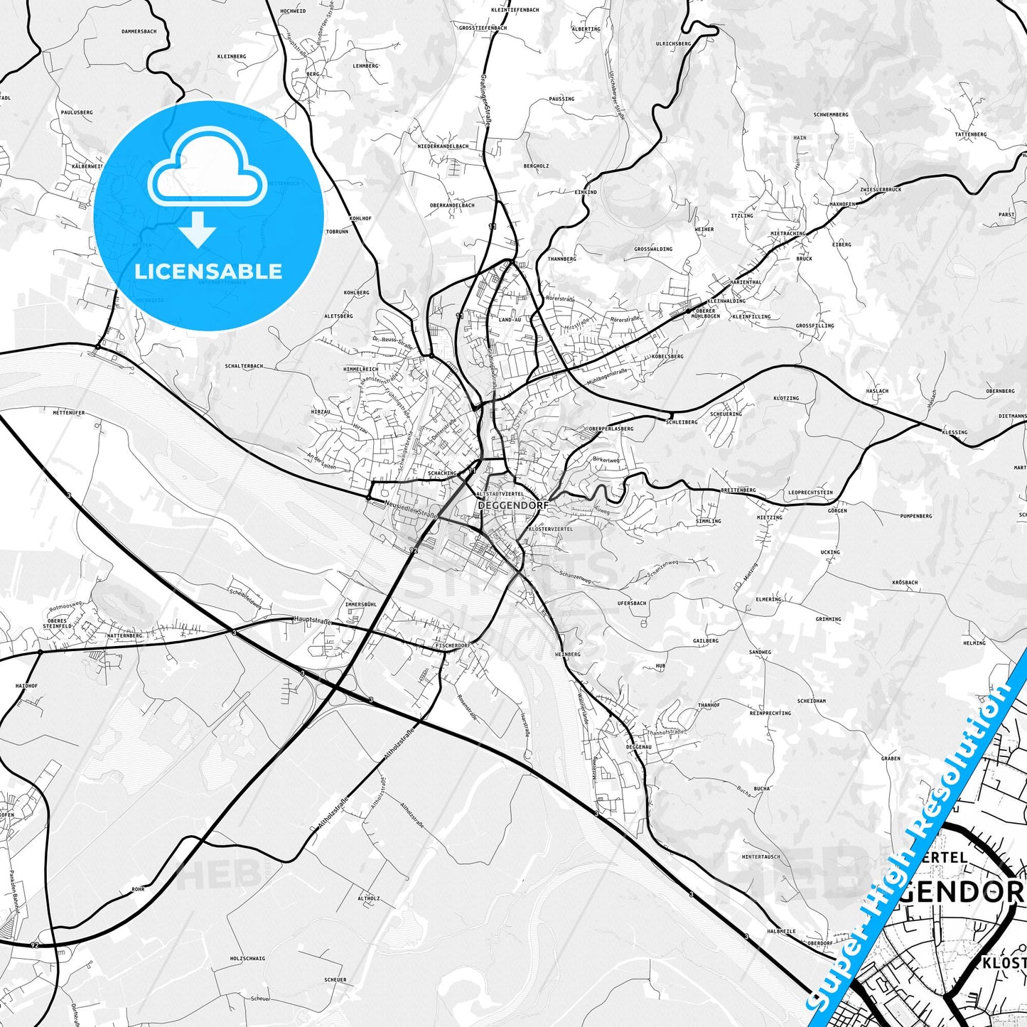 Deggendorf, Germany Light Map with Street Names, City Names, and Districts