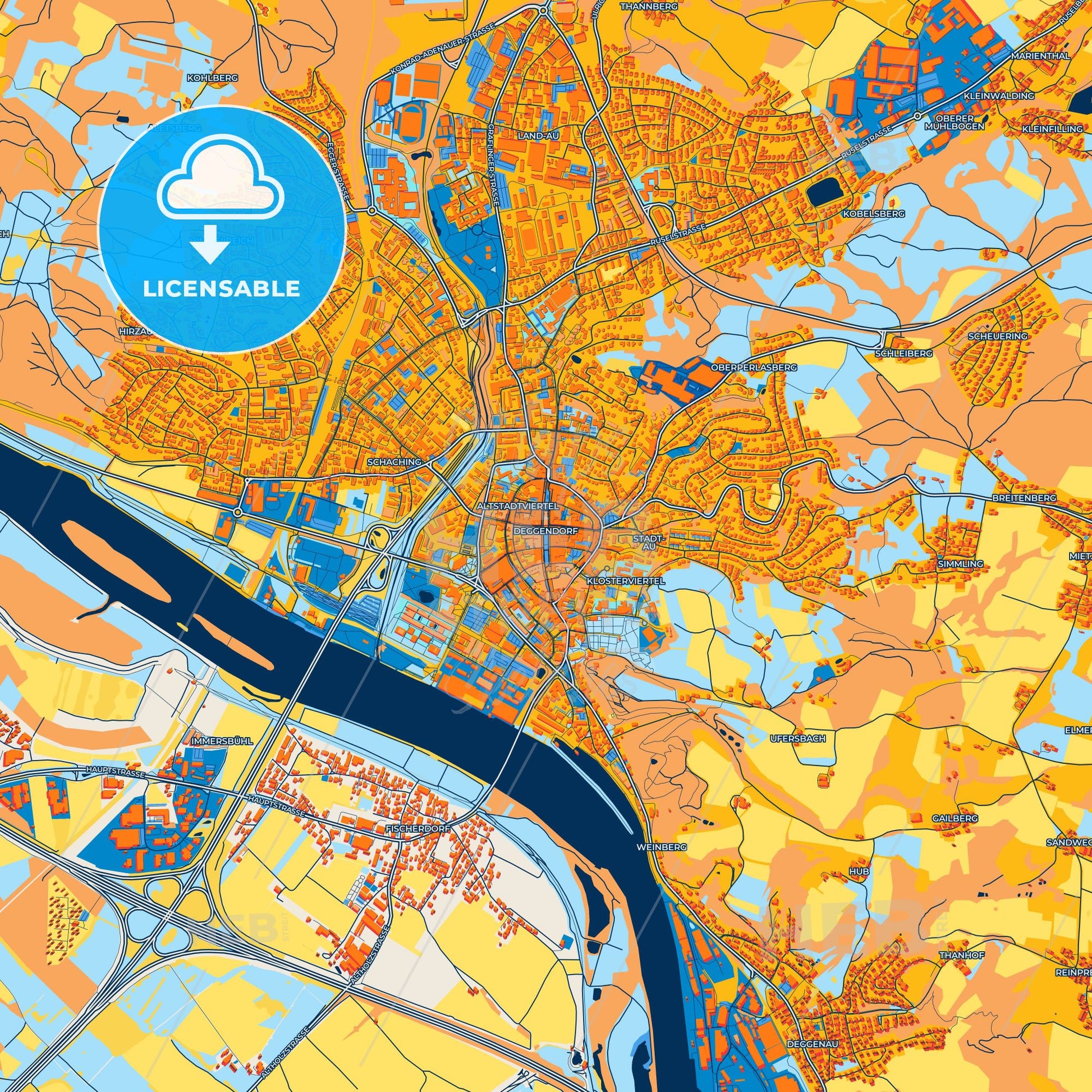 Colorful Deggendorf Street Map with Labels and Buildings