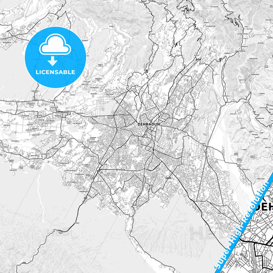 Dehradun, India light map with streetnames, citynames and districts