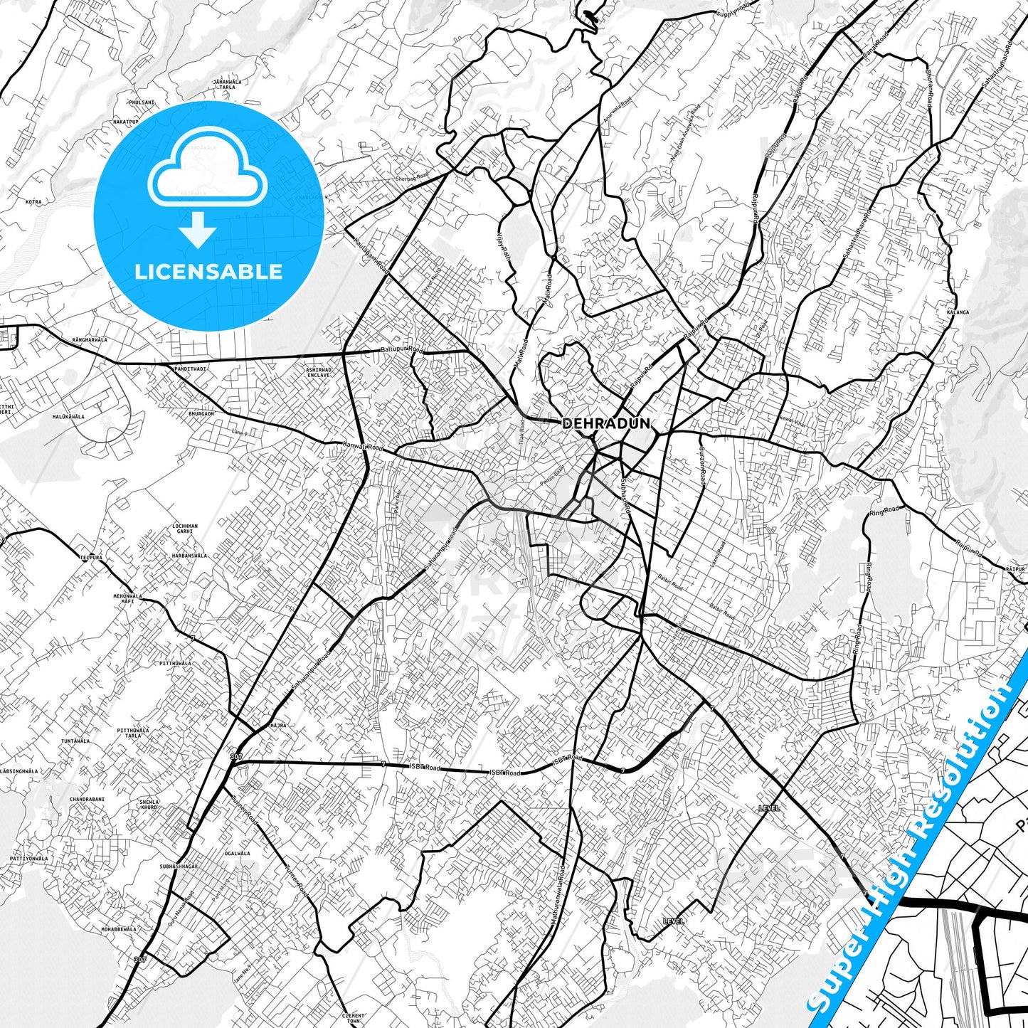 Dehradun, India Light Map with Street Names, City Names, and Districts