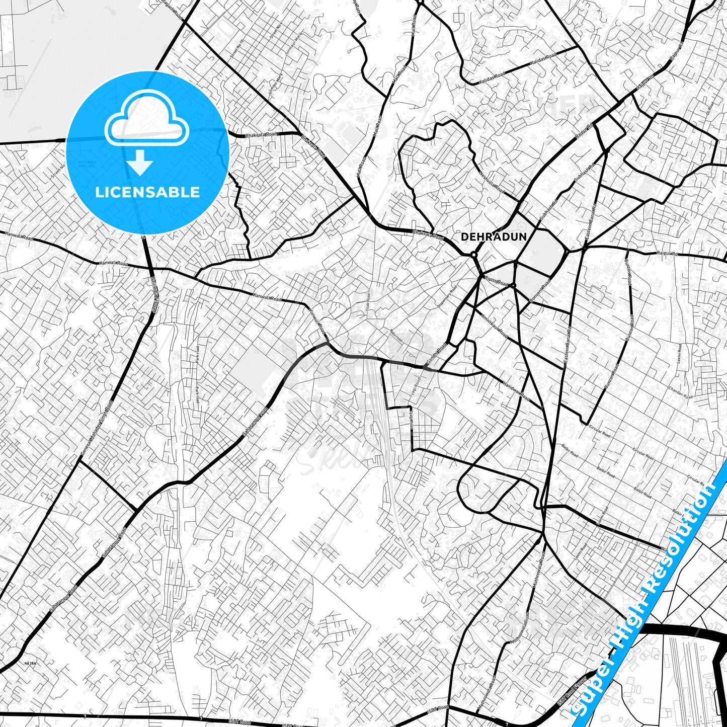 Dehradun, India Light Map with Street Names, City Names, and Districts