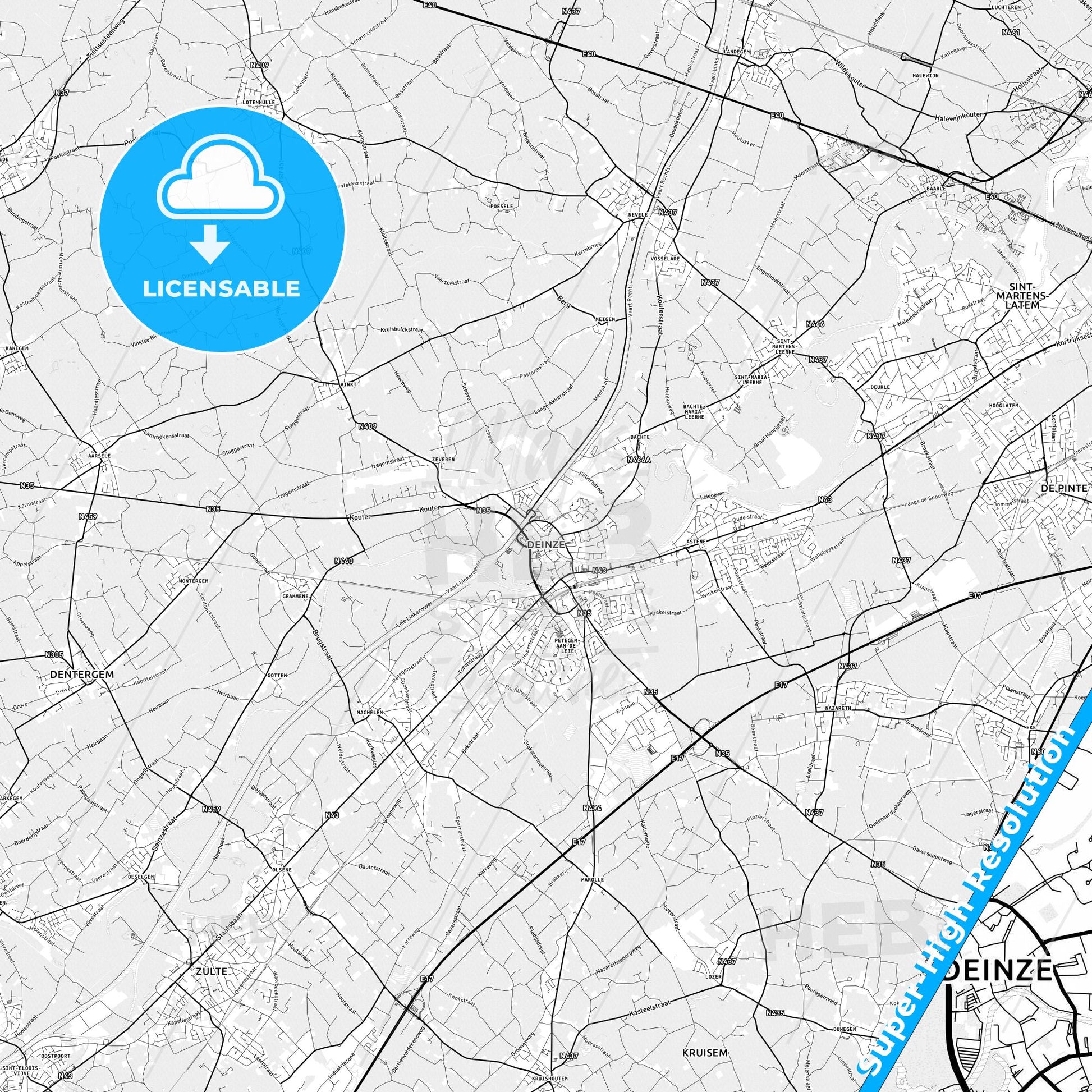 Deinze, Belgium light map with streetnames, citynames and districts