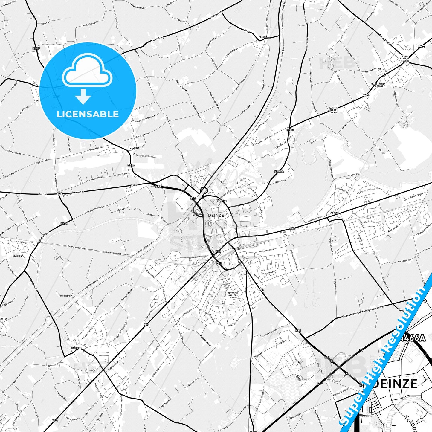 Deinze, Belgium Light Map with Street Names, City Names, and Districts