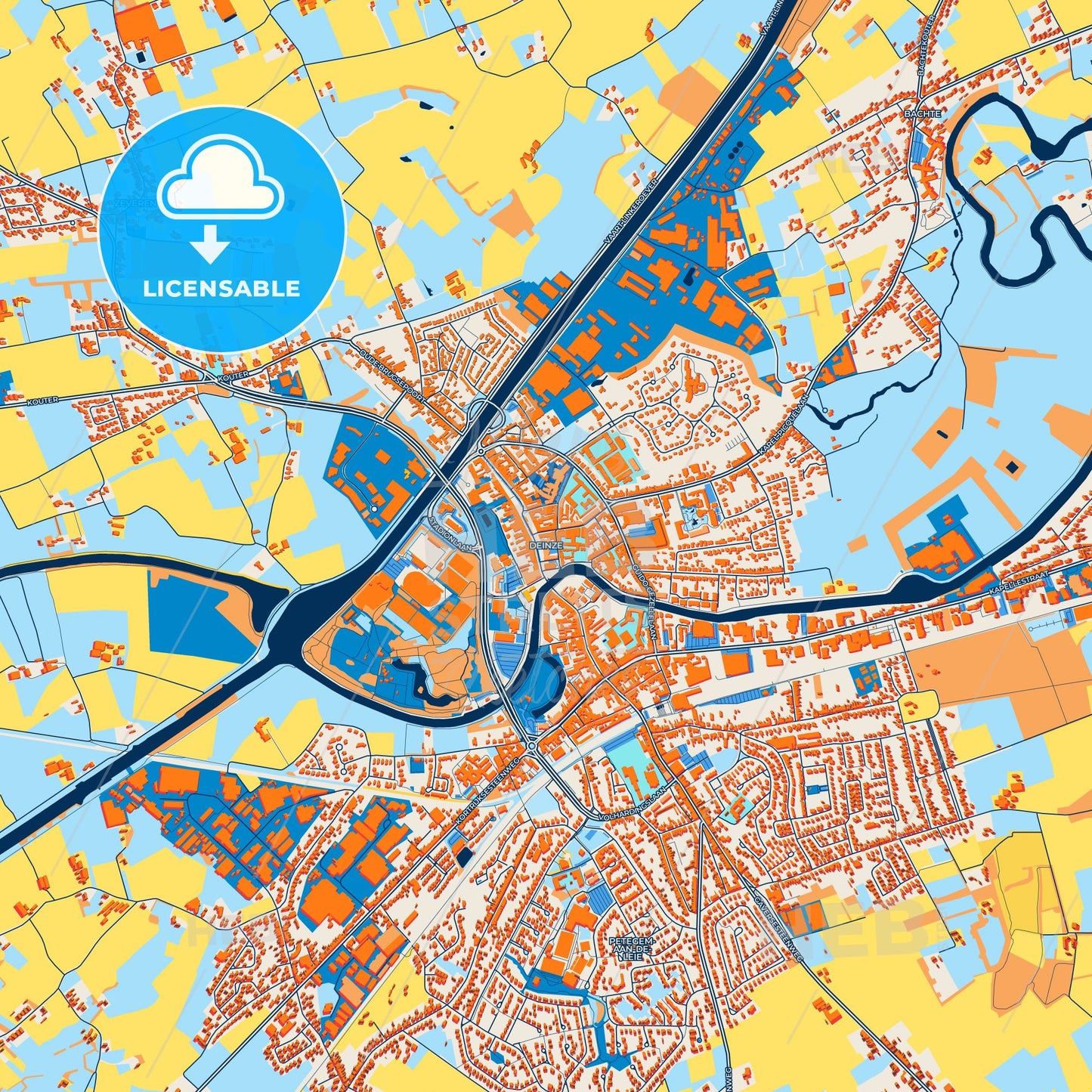 Colorful Deinze Street Map with Labels and Buildings