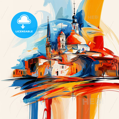 Vibrant Deir Ez-Zor, Syria - A Painting Of A Building With Towers And A Colorful Background