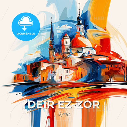 Vibrant Deir Ez-Zor, Syria - A Painting Of A Building With Towers And A Colorful Background - Square format print template