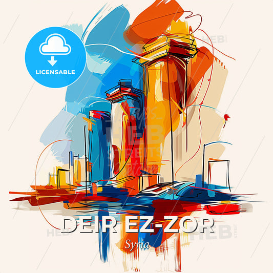 Vibrant Deir Ez-Zor, Syria - A Colorful Cityscape With Buildings And A Reflection - Square format print template
