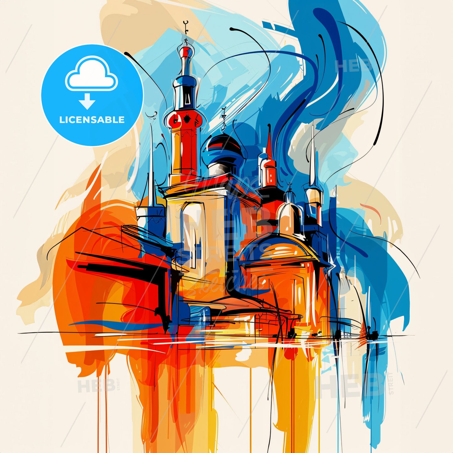 Vibrant Deir Ez-Zor, Syria - A Painting Of A Building With Towers And A Blue And Orange Background