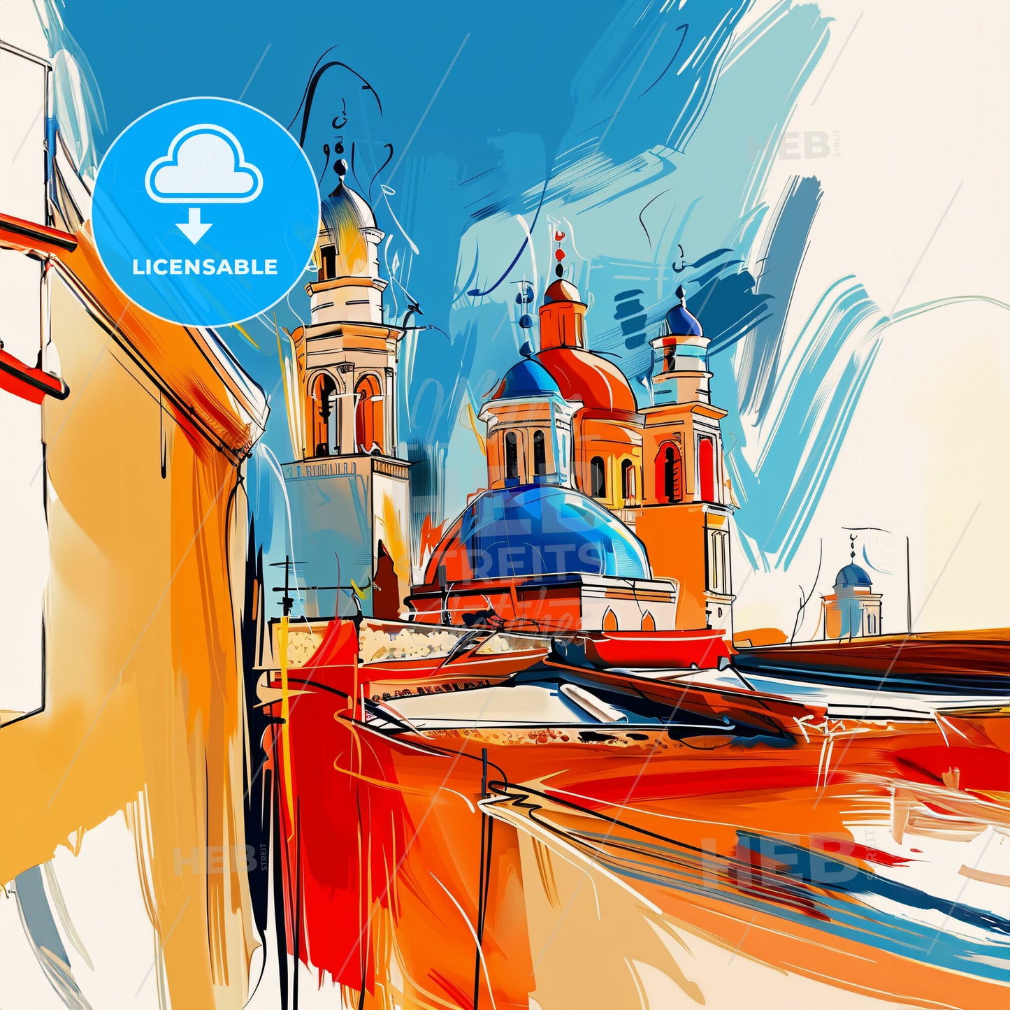 Vibrant Deir Ez-Zor, Syria - A Painting Of A Building With Blue Domes