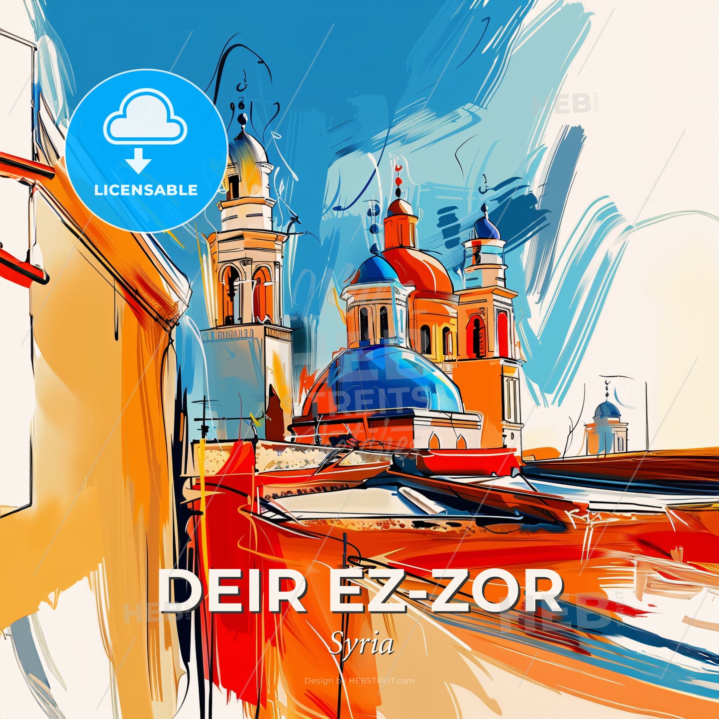 Vibrant Deir Ez-Zor, Syria - A Painting Of A Building With Blue Domes - Square format print template