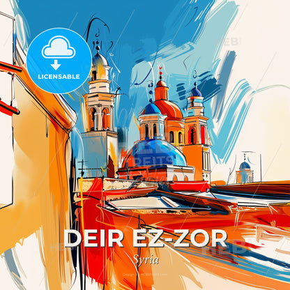 Vibrant Deir Ez-Zor, Syria - A Painting Of A Building With Blue Domes - Square format print template