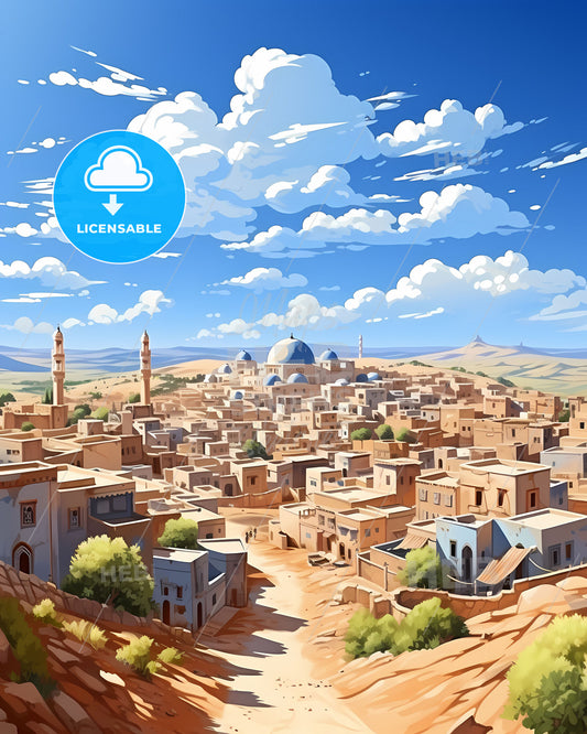 Deir ez-Zor Skyline Painting - Vibrant Desert City Art Panorama