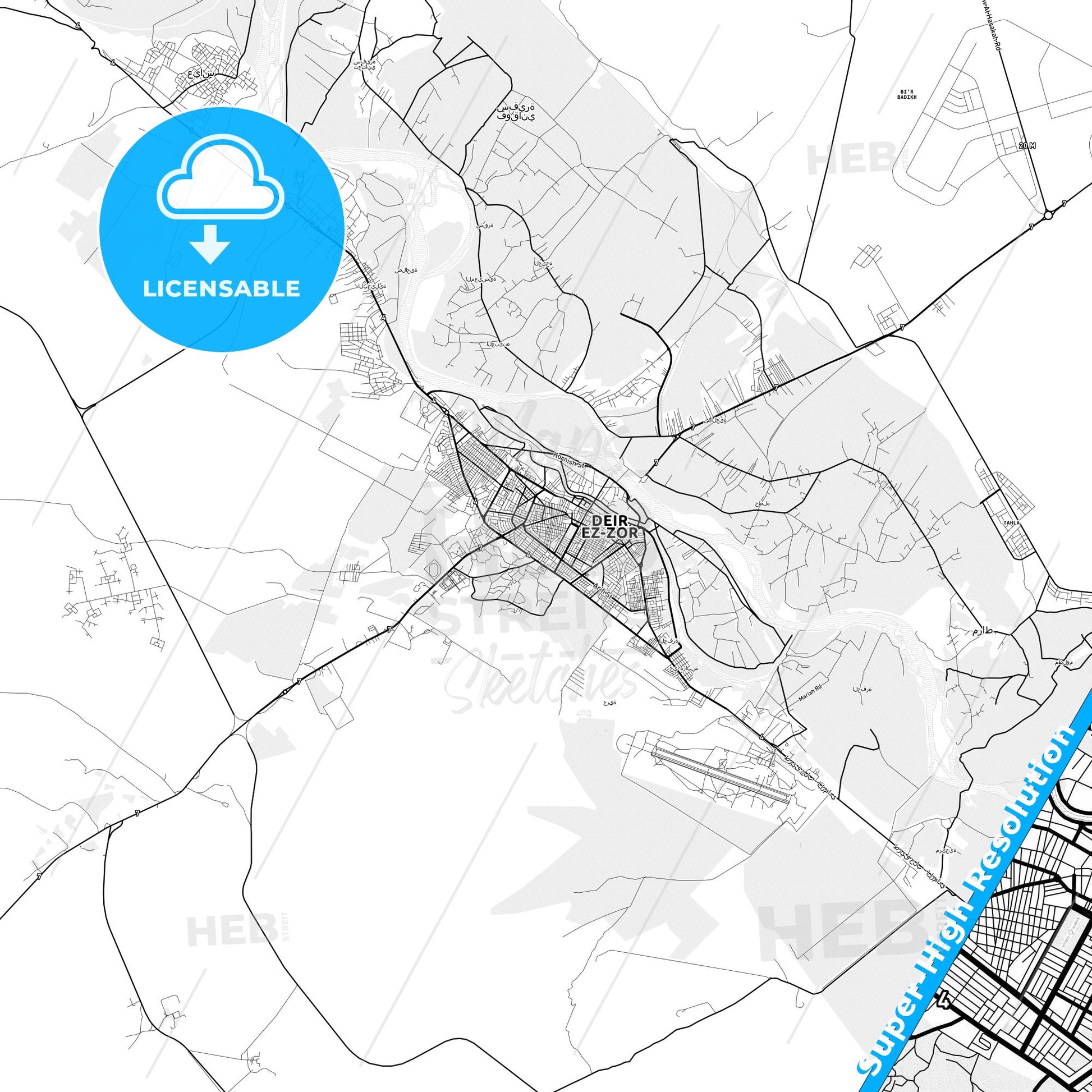Deir ez-Zor, Syria light map with streetnames, citynames and districts