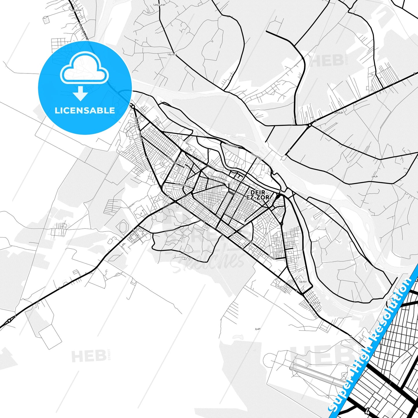 Deir ez-Zor, Syria Light Map with Street Names, City Names, and Districts