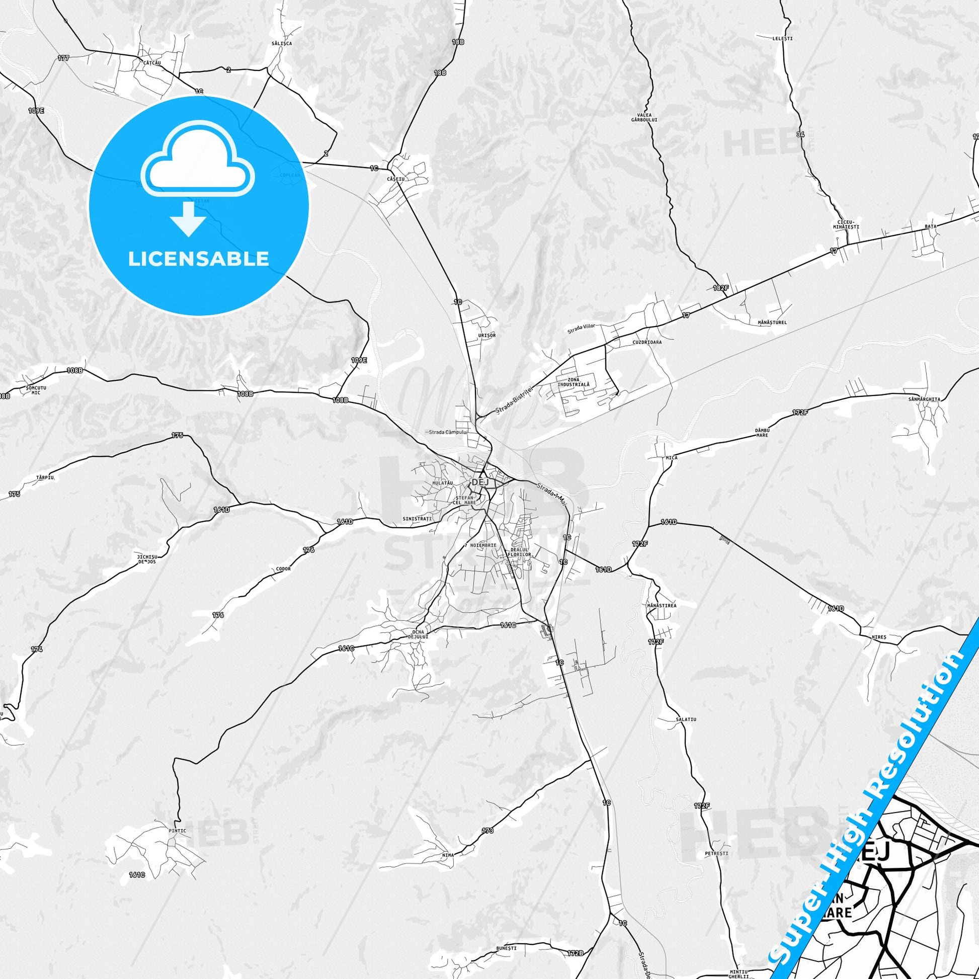 Dej, Romania light map with streetnames, citynames and districts