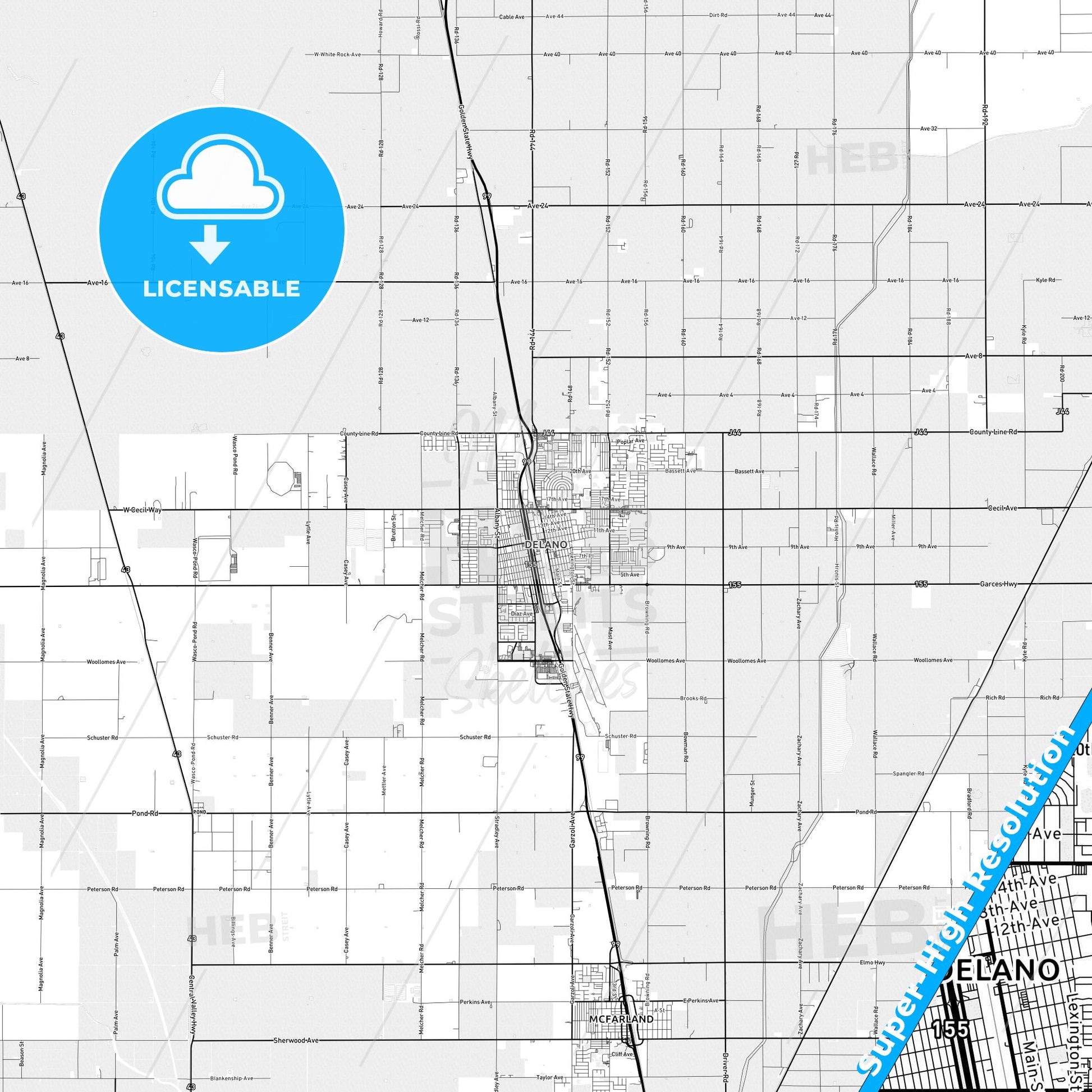 Delano, California light map with streetnames, citynames and districts