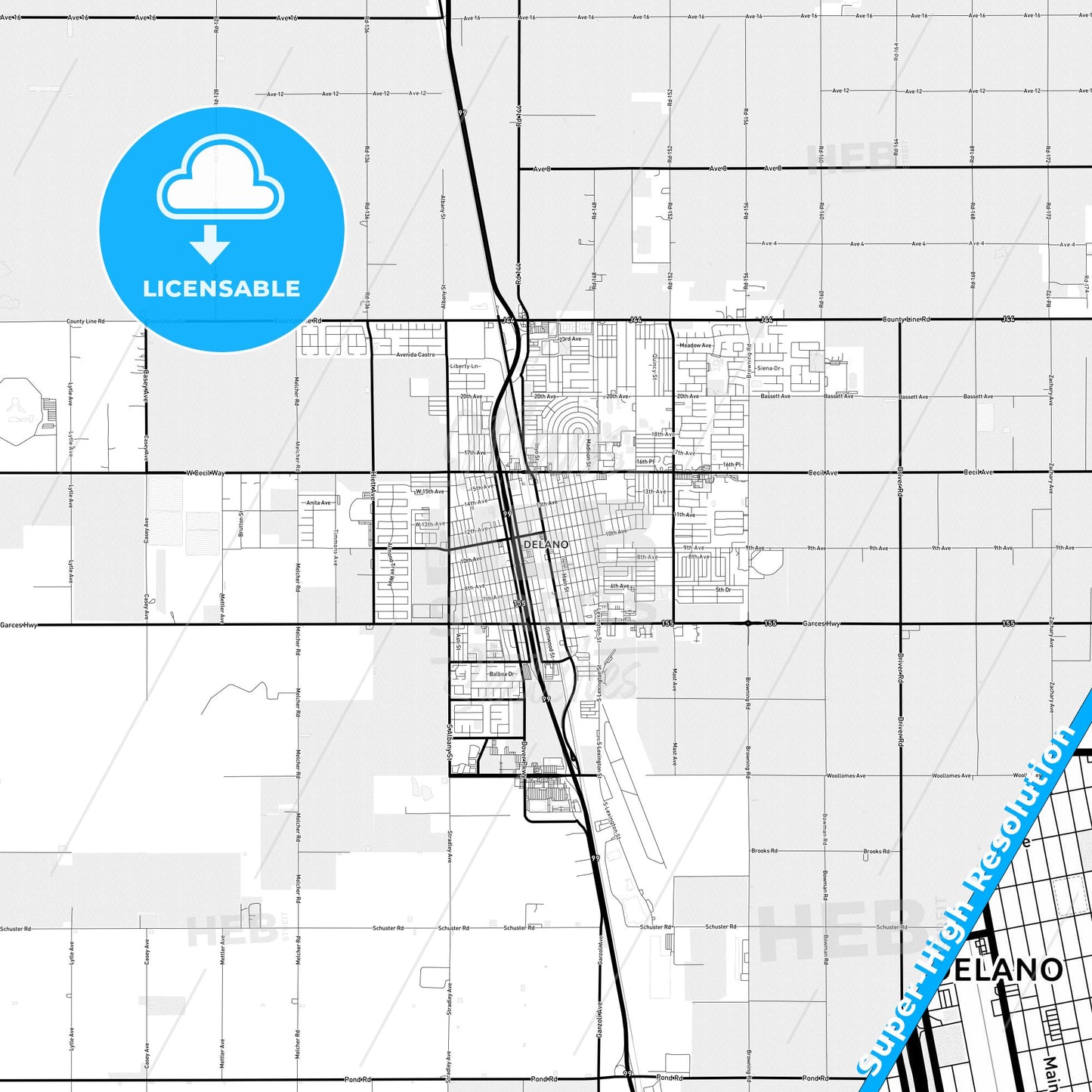 Delano, California Light Map with Street Names, City Names, and Districts