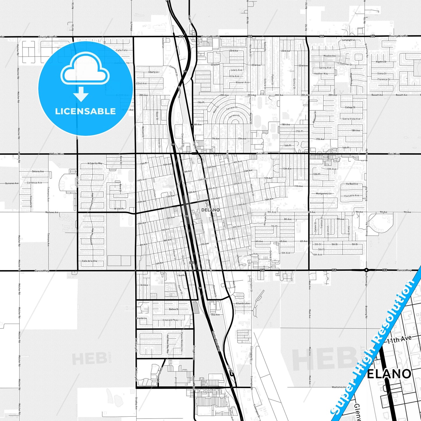 Delano, California Light Map with Street Names, City Names, and Districts