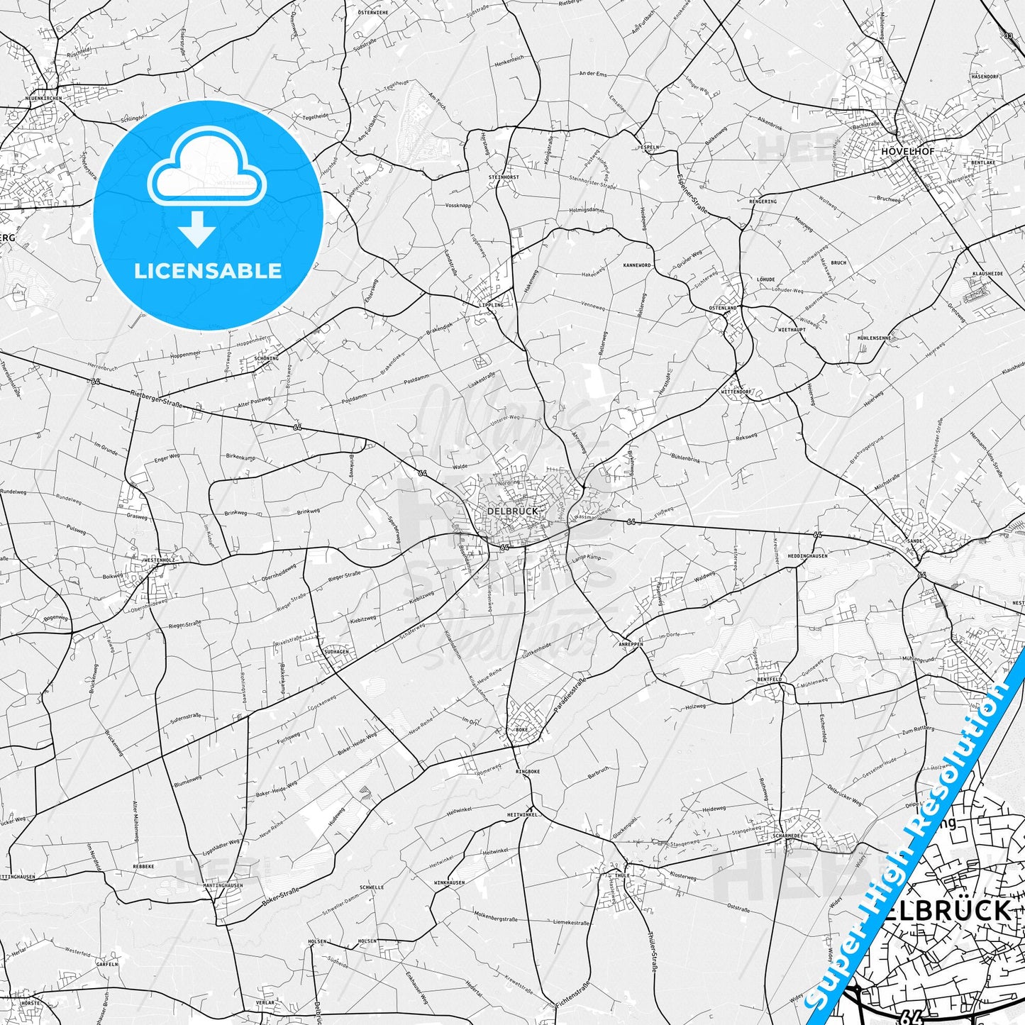 Delbruck, Germany light map with streetnames, citynames and districts