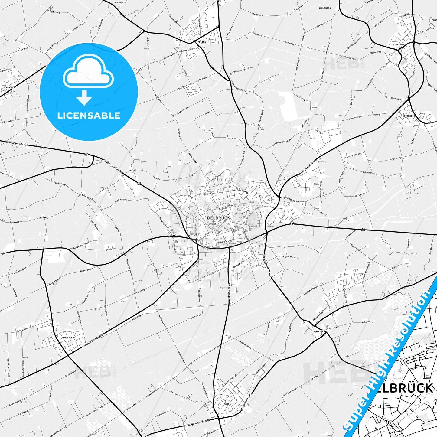 Delbruck, Germany Light Map with Street Names, City Names, and Districts