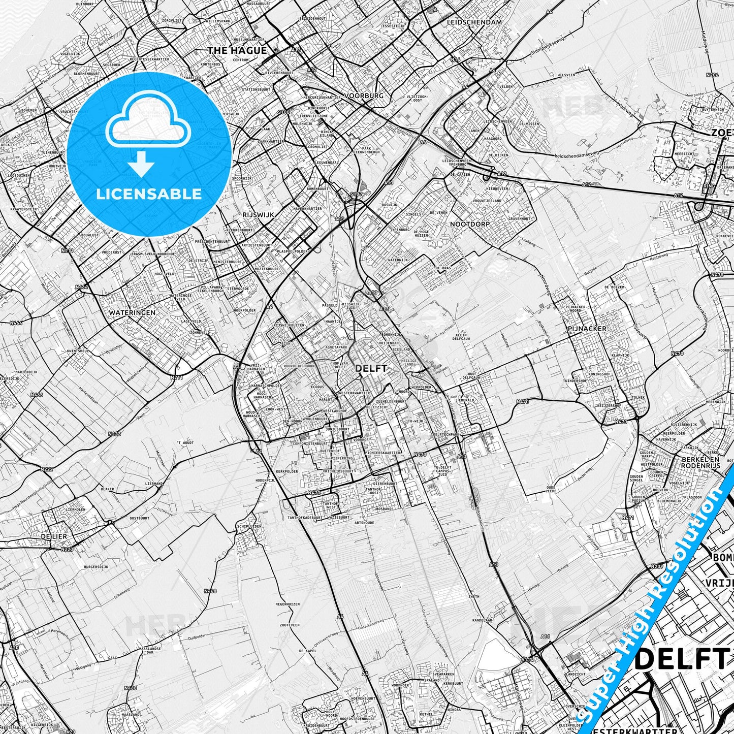 Delft, Netherlands light map with streetnames, citynames and districts