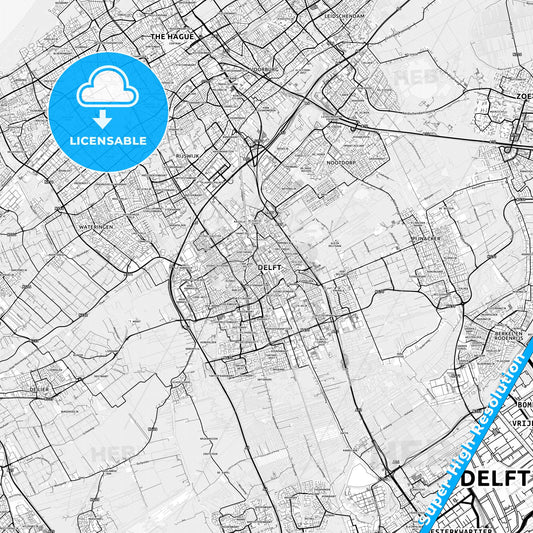 Delft, Netherlands light map with streetnames, citynames and districts