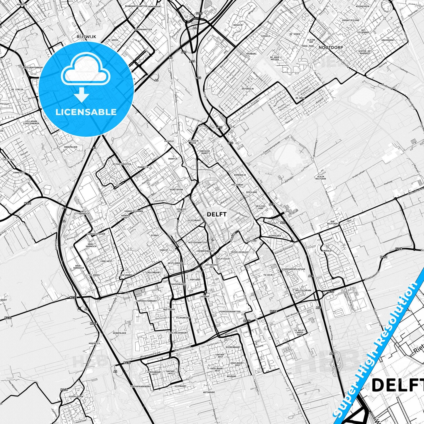 Delft, Netherlands Light Map with Street Names, City Names, and Districts