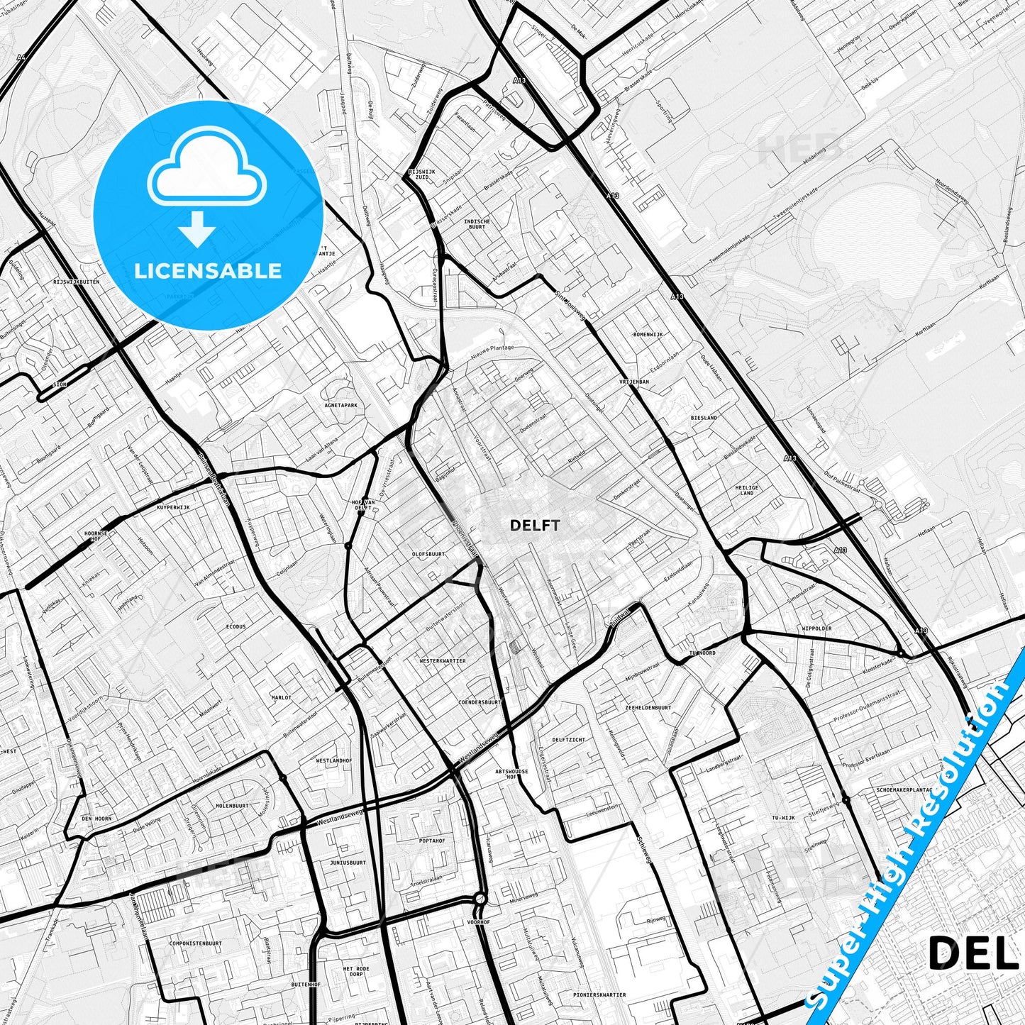 Delft, Netherlands Light Map with Street Names, City Names, and Districts