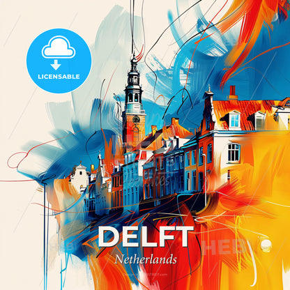 Vibrant Delft, Netherlands - A Painting Of A Building With A Tower - Square format print template
