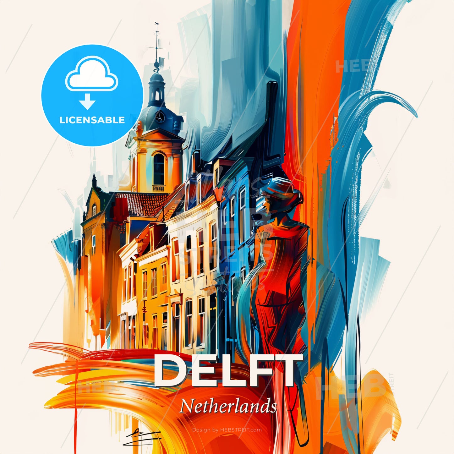 Vibrant Delft, Netherlands - A Painting Of A Woman Standing In Front Of A Building - Square format print template