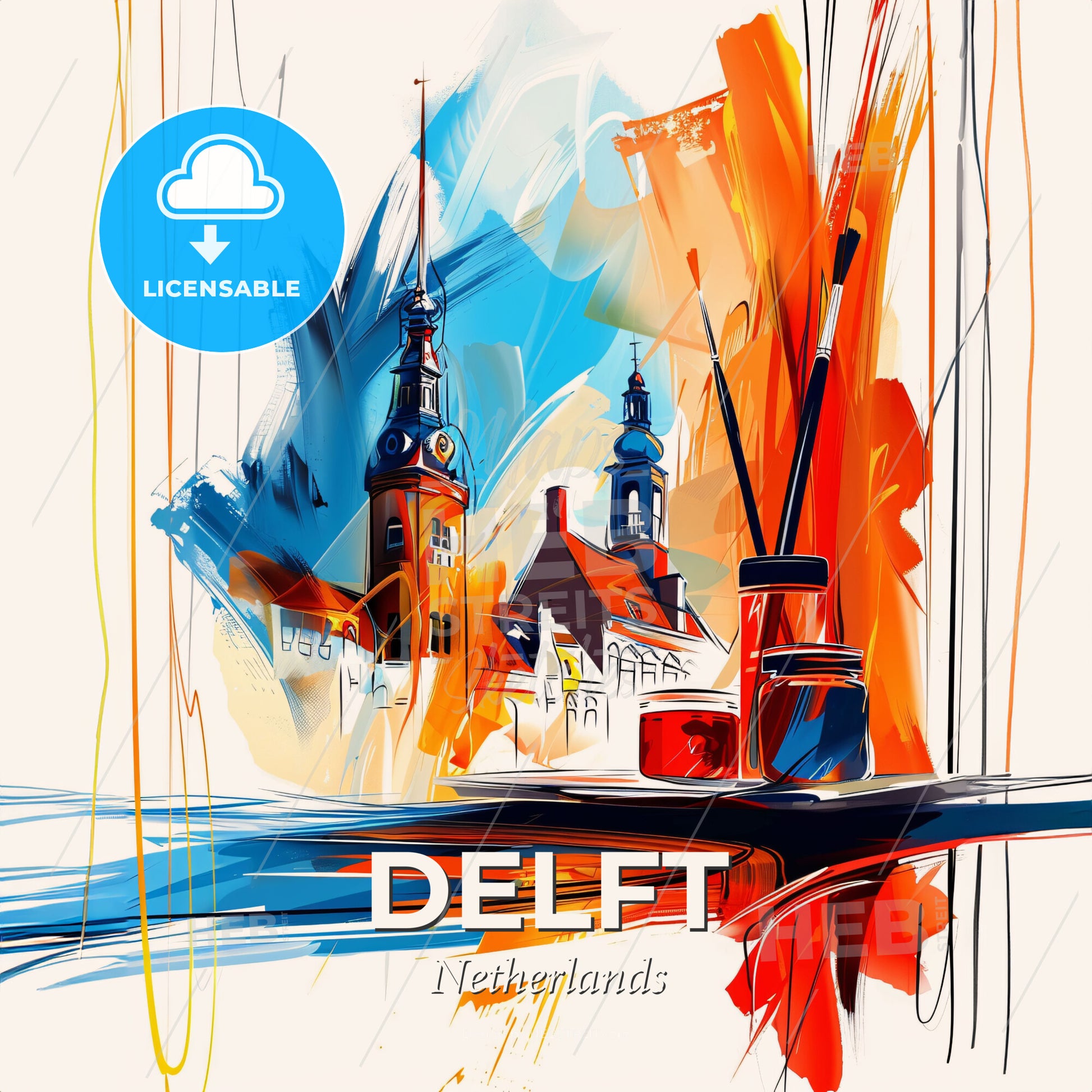 Vibrant Delft, Netherlands - A Painting Of A Building With A Clock Tower And A Paintbrush - Square format print template