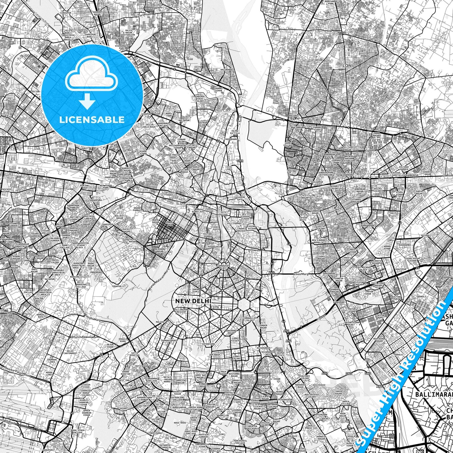 Delhi, India light map with streetnames, citynames and districts