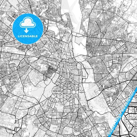 Delhi, India light map with streetnames, citynames and districts